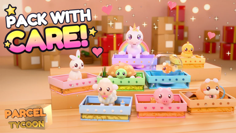 Parcel Tycoon pets — a bunny, unicorn, duck, turtle, sheep, pig and hamster — each resting in its own decorated carrier