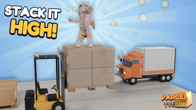 A Parcel Tycoon delivery truck parked beside stacked pallets while a forklift lifts another pallet of boxes